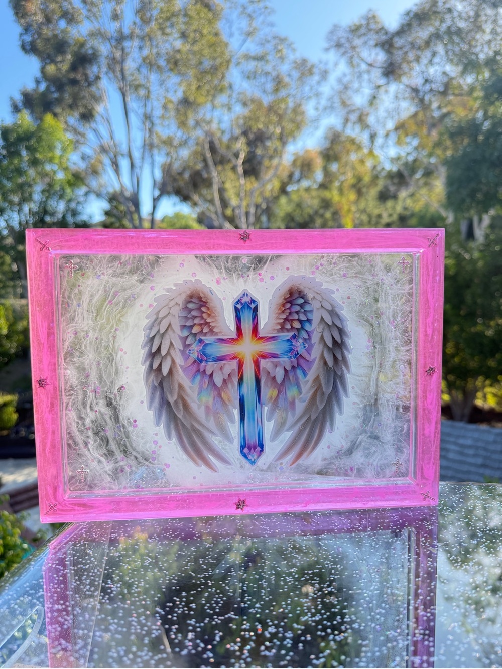 Pink Angel Wings & Cross Tray - Spiritual Home Decor